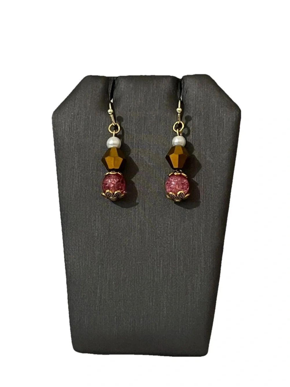 Handmade Beaded Dangle Earrings Gold Tone Cranberry Red Pink Bead Pearl Drop